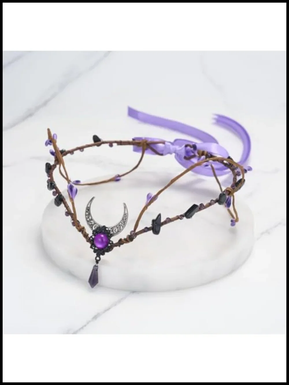 Handmade Crystal Elf Tiara with Moon and Ribbon Tie